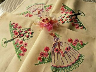 Vintage Hand Embroidered Tablecloth/beautiful Crinoline Ladies Raised Embroidery