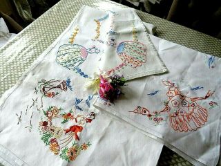 Vintage Hand Embroidered Tablecloths X 3 Lovely Crinoline Ladies/country Gardens