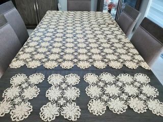 Antique Tablecloth Hand Crocheted With Side Doilies 1950 60 " X 72 " Or 5 