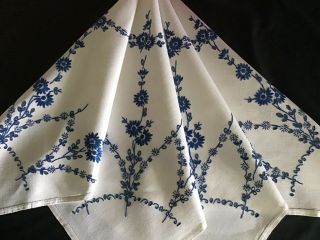Gorgeous Vintage Linen Hand Embroidered Tablecloth Blue Florals On White Linen