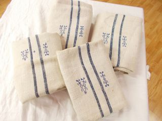 4 Vtg Antique Blue Stripe Hemp Linen Feed Sack Grain Bag King Pillowcases 2 Pair