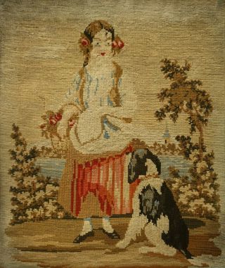 Mid 19th Century Needlepoint Of A Young Woman With Her Pet Spaniel - C.  1870
