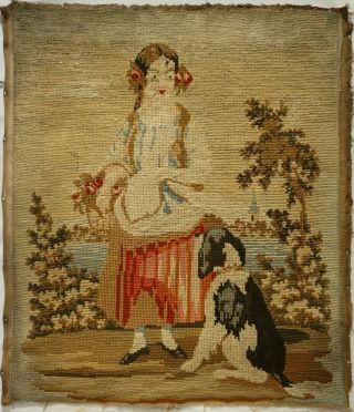 MID 19TH CENTURY NEEDLEPOINT OF A YOUNG WOMAN WITH HER PET SPANIEL - c.  1870 2