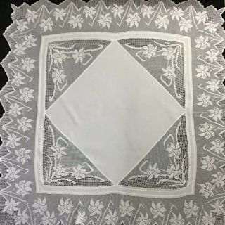 Exquisite Large Antique Irish Linen Tablecloth Lace Trim & Inserts Daffodils