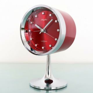 Rhythm Alarm Clock Mantel Vintage 51111 Red Chrome Pedestal Space Age Retro 70s