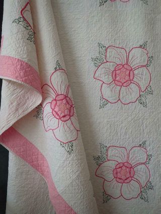 Romantic Cottage Roses Vintage 40s Embroidered Pink & White Rose Quilt 93x71