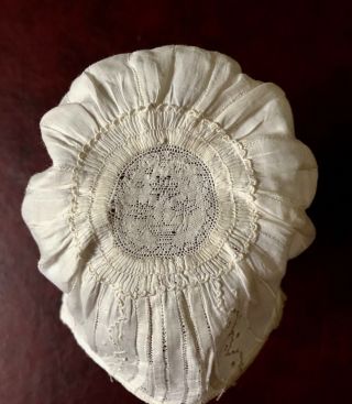 Vintage bonnet w small English Hollie Point lace round insert flower pot design 3