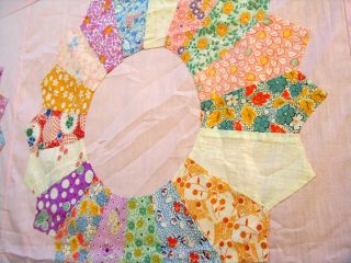 Vtg 30 ' s 40 ' s Dresden plate quilt top pastel pink hand stitched 2