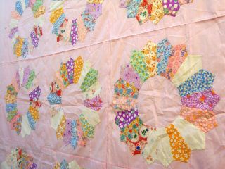 Vtg 30 ' s 40 ' s Dresden plate quilt top pastel pink hand stitched 3
