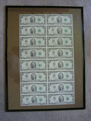 Vintage Framed Sheet Of 16 Uncut 1976 Us $2 Bills