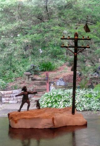 Vintage Mid - Century Curtis Jere Bronze Sculpture On Quartz - Boy Dog Fling Kite