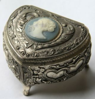 Vintage Jewelry Trinket Box Silver Tone Blue Cameo Heart Shaped Japan