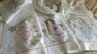 Vintage Linen Tablecloth Stunning Hand Embroidery 8 Crinoline Ladies 42 " X48 "