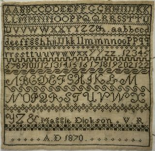 Mid 19th Century Black Stitch Work Alphabet Sampler By Maggie Dickson - 1870