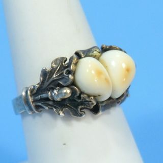 Silver Antique German Ring Roe Deer Teeth Hunt Motif Oak Leaves Acorns C1900