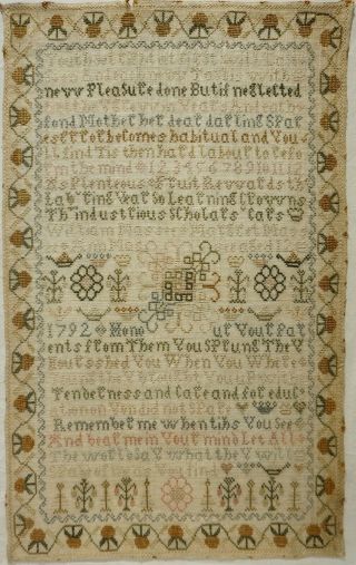 Late 18th Century Verse,  Flower & Motif Sampler By Ann Massee Aged 12 - 1792
