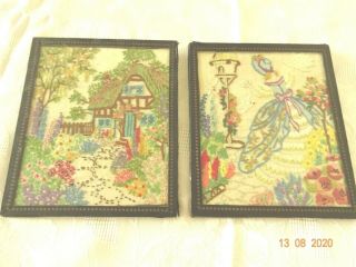 Vintage Hand Embroidered Pictures Framed - Crinoline Lady & Garden