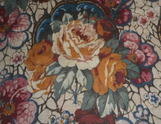 Antique Art Deco Floral Roses Cotton Fabric Marigold Wine Rose Teal Blue