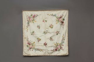 Antique French Hand Embroidered Floral Wall Hanging Tablecloth 31x31