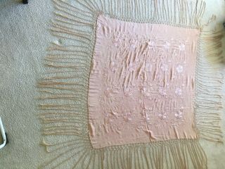 Vintage Silk 1920’s Pink On Pink Embroidered Piano Shawl Fringe