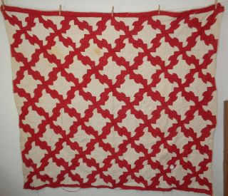 Antique Cotton Quilt All Hand Stitched Red & White Complex Pattern 70 X 79 "