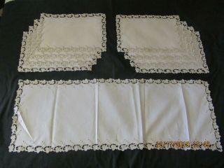 8 Antique Madeira Embroidered Lace Placemats Runner Napkins