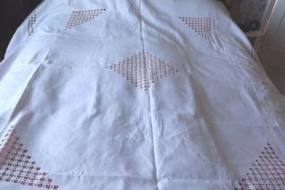 Antique White Linen Bedspread / Bedcover With Drawn Thread & Lace Edging