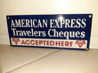 Vintage American Express Travelers Checks Sign Porcelain Conoco Gas Station Sign