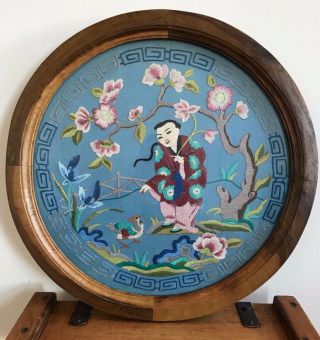 Antique Framed&glazed Round Oriental Japanese Geisha Girl Needle Work Tapestry