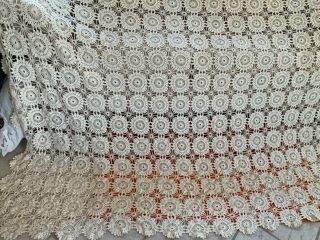 Vintage 84” By 92” Crocheted Handmade Lace Textile Bed Cover