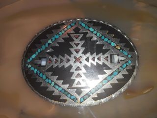 Vintage Native American Sterling Silver Navajo Red Coral Turquoise Belt Buckle