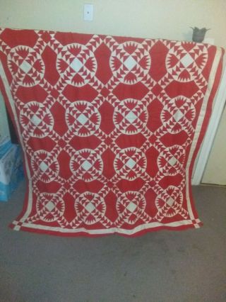 Antique Quilt Top Red White Double Wedding Ring? Applique? 78 X 66