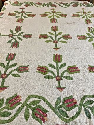 Circa Mid 1800s Antique Handmade Heavily Hand Quilted Conventional Tulip Quilt