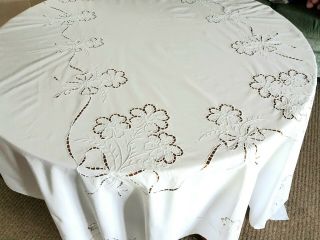 Vintage Rectangle White Tablecloth - Hand Embroidered - 100 Cotton 72 " ×108 "