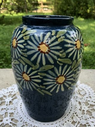 Vintage French Elchinger Et Cie Yellow Ware Pottery Vase Blue & Daisies France