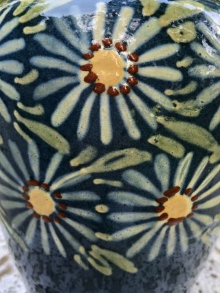 Vintage French Elchinger et Cie Yellow Ware Pottery Vase Blue & Daisies France 3