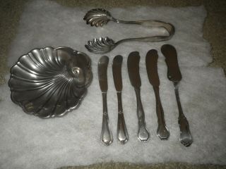 10 Oz.  Of Vintage Sterling Silver Butter? Knives,  Tongs,  & Gorham Candy Dish