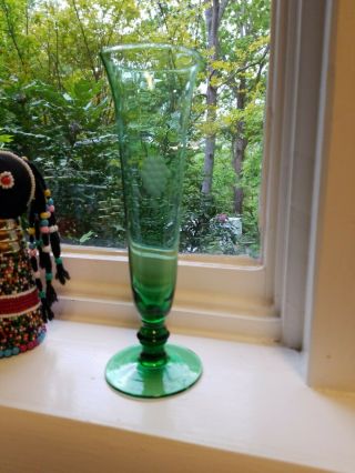 Vintage Green Glass Bud Vase Footed With Etched Flowers.