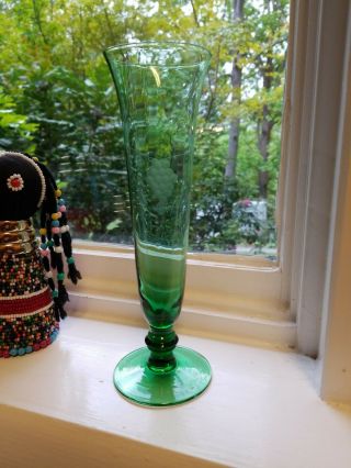 Vintage green glass bud vase footed with etched flowers. 2