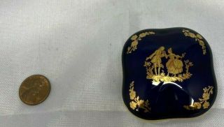 Vintage Fm Limoges Small Porcelain Square Blue Gold Trinket Ring Box Lid France
