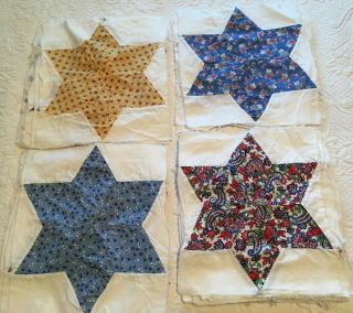 Set Of 34 Vintage 6 Point Star Quilt Blocks - 11” By 10” - Hand Sewn,  Circa 1950