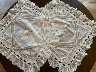 Pair Matching Antique Edwardian 28 " Square Tablecloths With Net Lace Detail