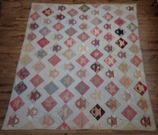 Early Fabrics Antique C1860 Basket Quilt With Wear Lancaster Blue