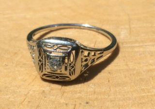 Vintage Antique Art Deco 14k White Gold Filigree Diamond Ring Size 6.  5