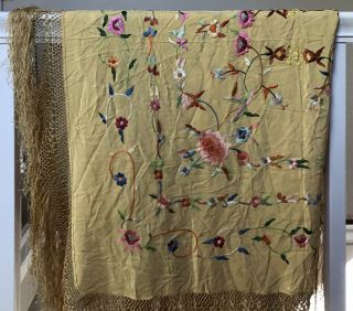 Vintage Antique Embroidered Fringed Piano Scarf Shawl Silk ?