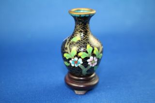 Cloisonne Miniature Vase Black With Blue And Pink Flowers Enamel Over Brass