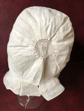 Vintage bonnet w English Hollie Point lace insert with tiny hearts/flower design 2