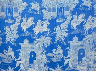 Antique French Prussian Blue Ticking Damask Cotton Fabric 2 Persian Design