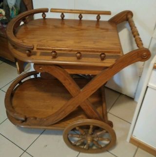 Vintage Mid Century Boho Wooden 2 Tier Rolling Bar Breakfast Serving Cart