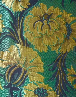 Vintage Exotic Floral Silk Brocade Jacquard Fabric Teal Blue Chartreuse Yellow